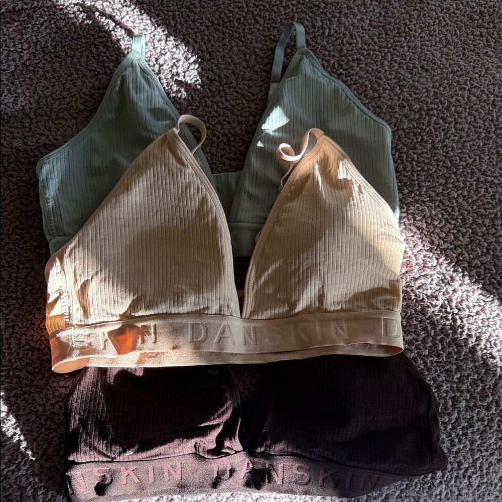 Danskin Women's Ribbed Bralette Trio - Sage, Beige, Chocolate